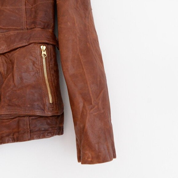 Mackage Brown 100% Leather Designer Zip Up Flap Pocket Hood Biker Jacket XXS - Picture 3 of 16